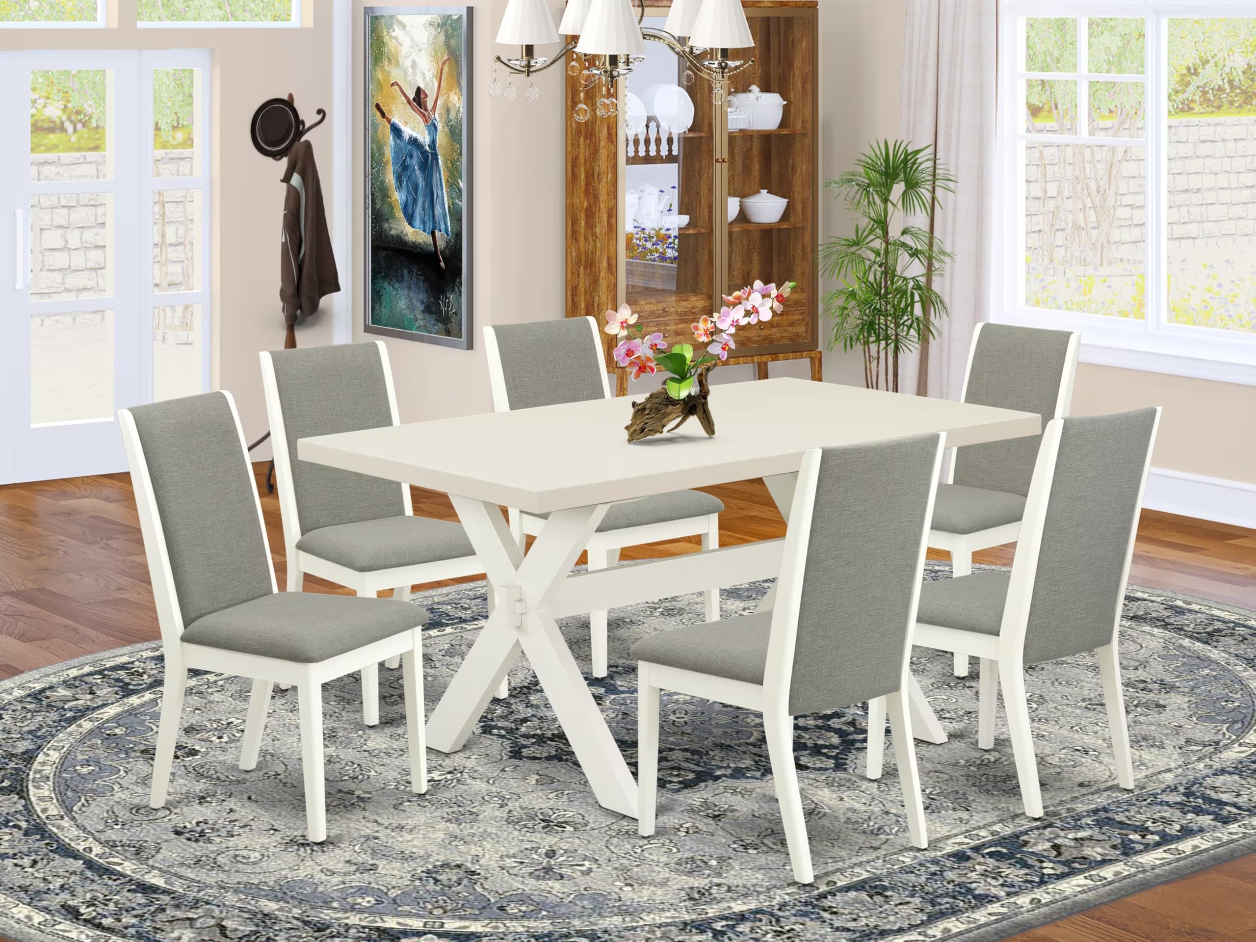East West Furniture X026La206-7 7 Piece Kitchen Table Set Consist Of A Rectangle Dining Table With X-Legs And 6 Shitake Linen Fabric Parson Dining Room Chairs, 36X60 Inch, Multi-Color